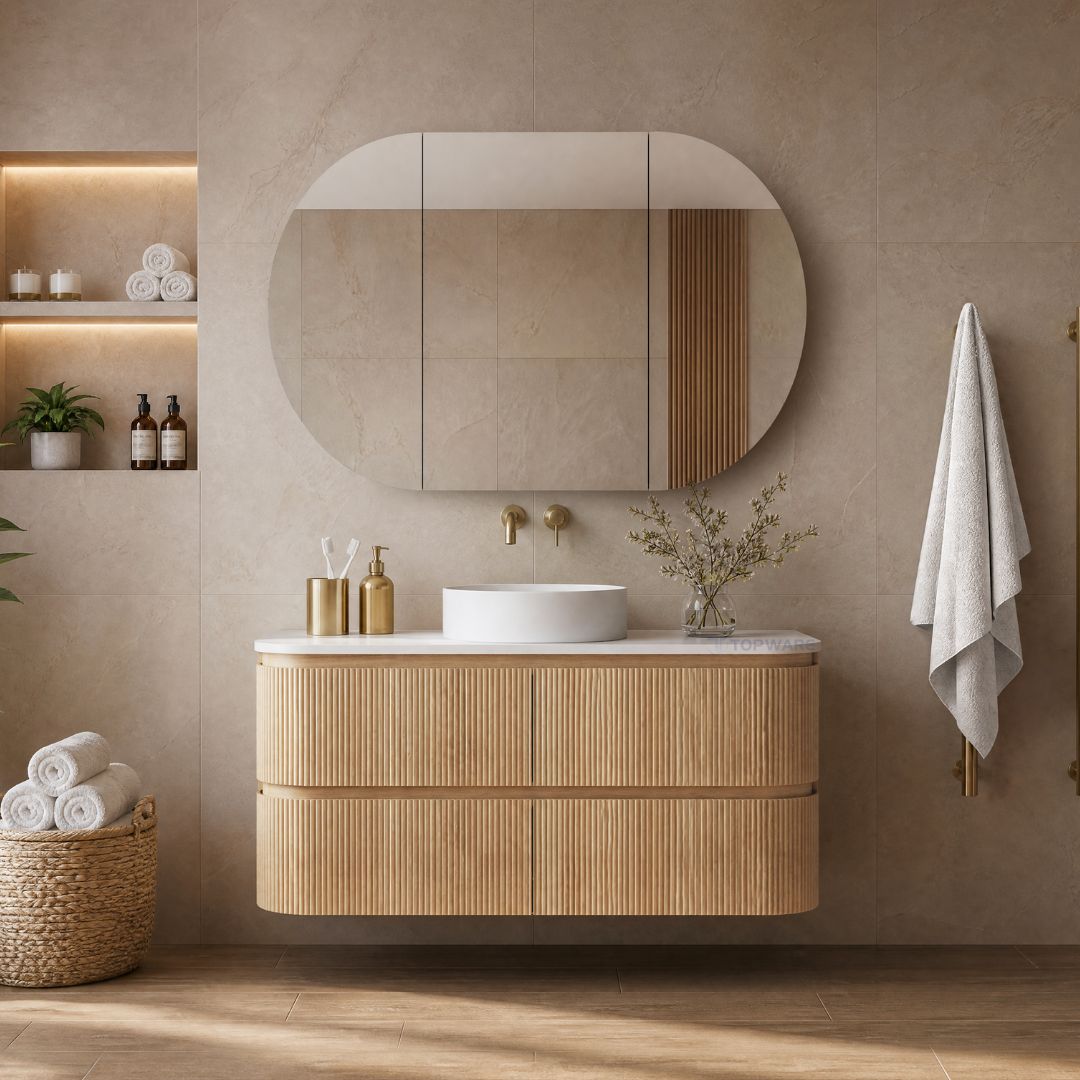 Topware oak fluted curved 1200mm bathroom vanity with beige minimal tiles and oval mirror cabinet