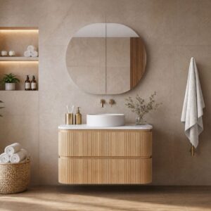 Topware oak fluted curved 900mm bathroom vanity with beige minimal tiles and oval mirror cabinet