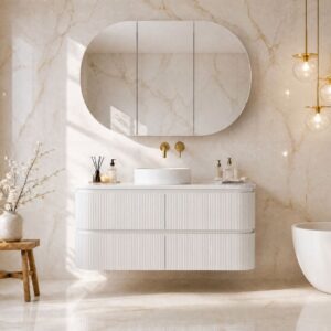 Topware white fluted curved 1200mm bathroom vanity with gold marble tiles and bathtub