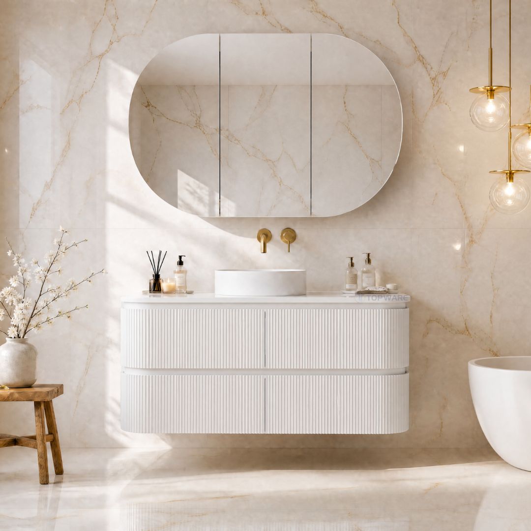 Topware white fluted curved 1200mm bathroom vanity with gold marble tiles and bathtub