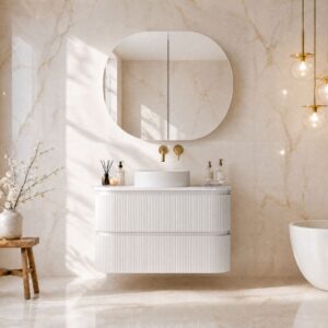 Topware white fluted curved 900mm bathroom vanity with gold marble tiles and bathtub