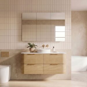 Topware oak curved 1200mm bathroom vanity with ivory beige minimal tiles and square mirror cabinet with gold taps