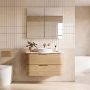 Topware oak curved 900mm bathroom vanity with ivory beige minimal tiles and square mirror cabinet with gold taps