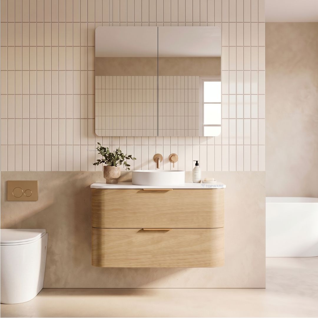 Topware oak curved 900mm bathroom vanity with ivory beige minimal tiles and square mirror cabinet with gold taps