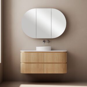Unique 1200mm fluted Curved Wall Hung Vanity in Natural Oak