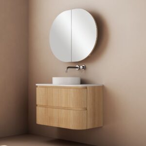 Unique 900mm fluted Curved Wall Hung Vanity in Natural Oak