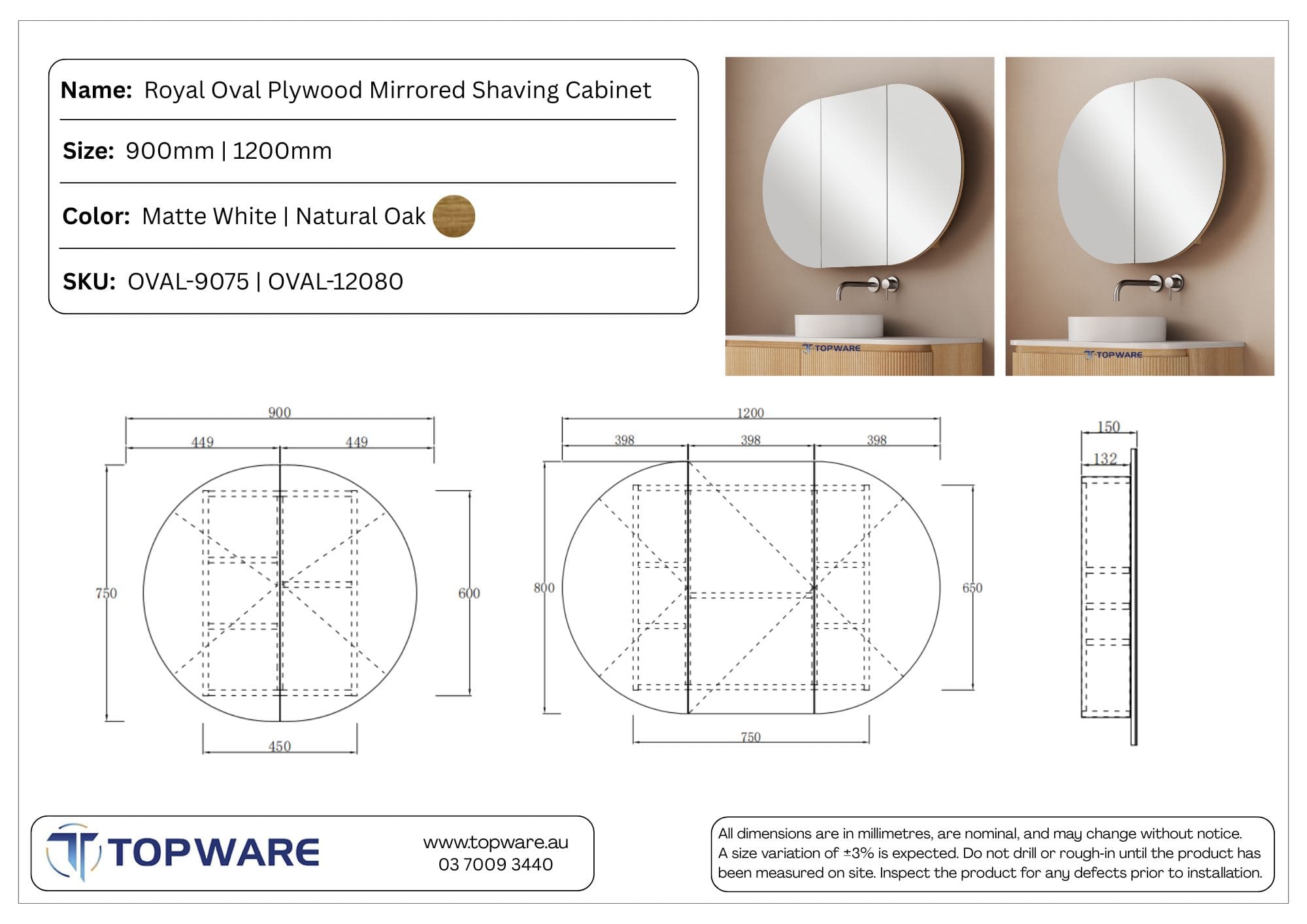 topware oval 900mm and 1200mm mirror cabinet size spec sheet