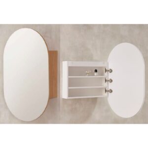 oval wide mirrored shaving cabinet timber in matte white or rosewood at Topware