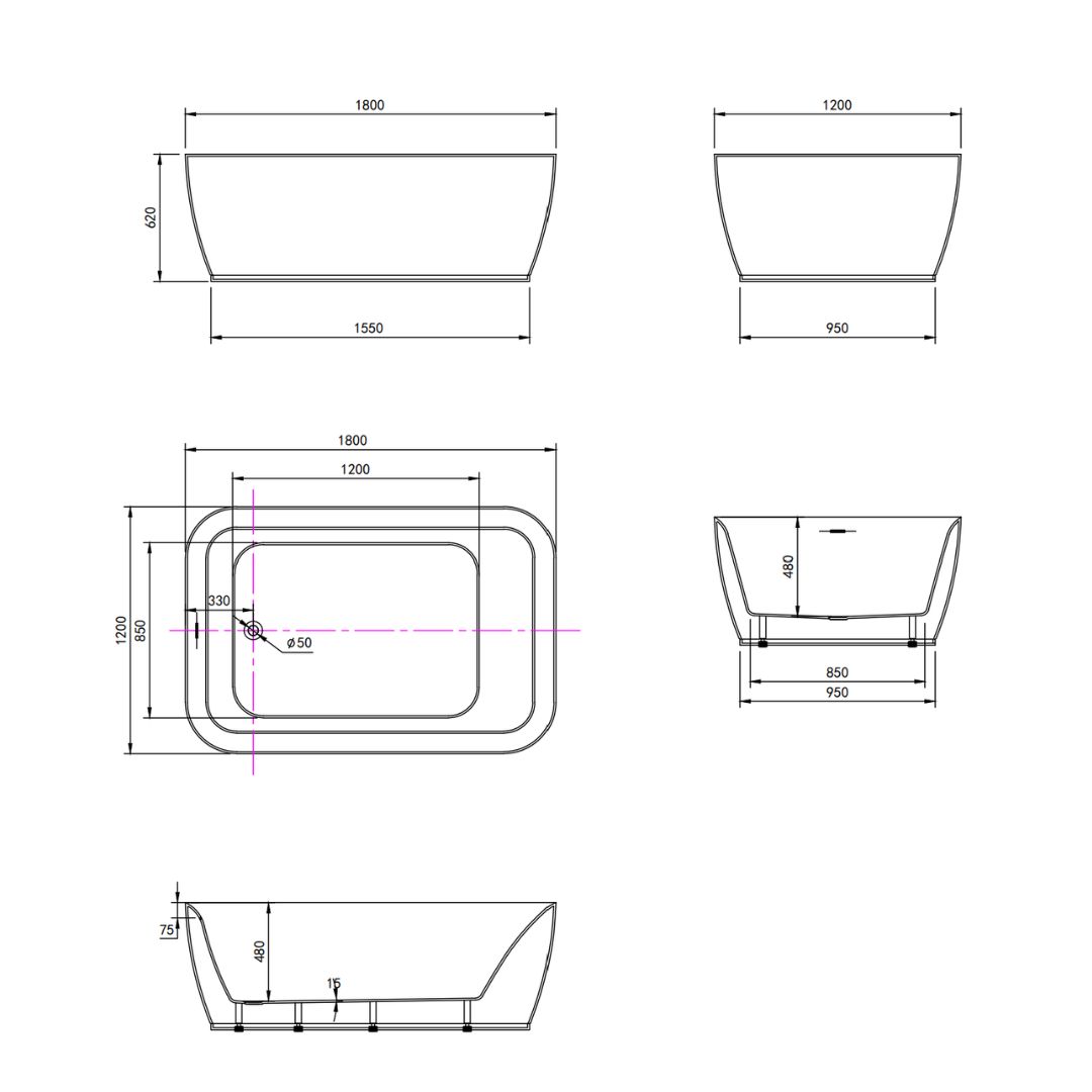 Spec sheet drawing of 1800mm spa jacuzzi bath with airjets for relaxation at topware bathrooms
