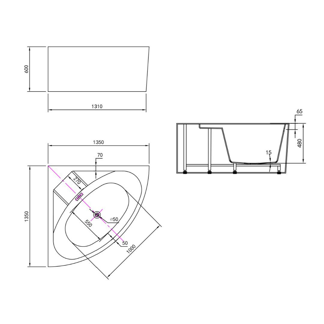 drawing spec sheet of 1350mm corner triangle bath at topware