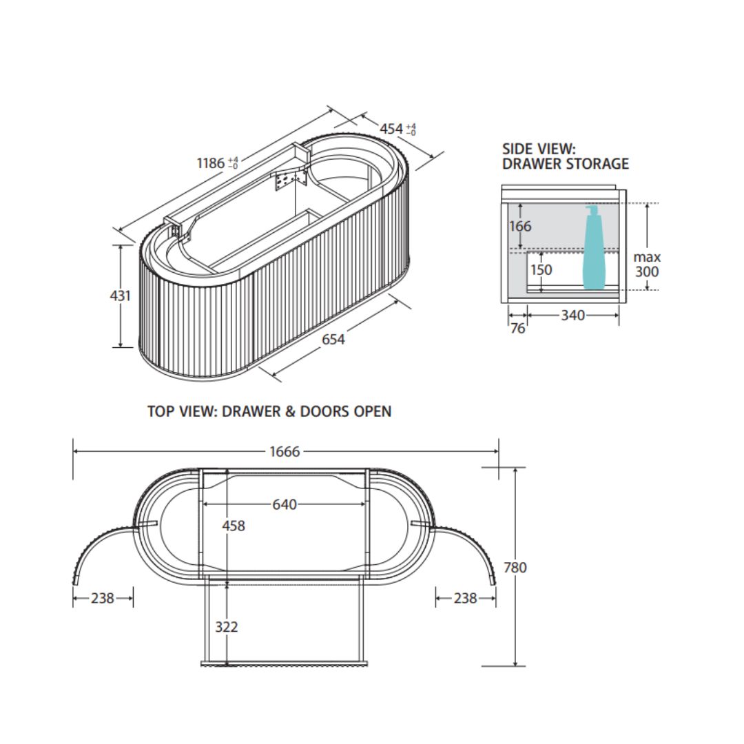 Empire Pill Walnut 900/1200/1500mm Oval Curved Vanity with side doors - Image 6