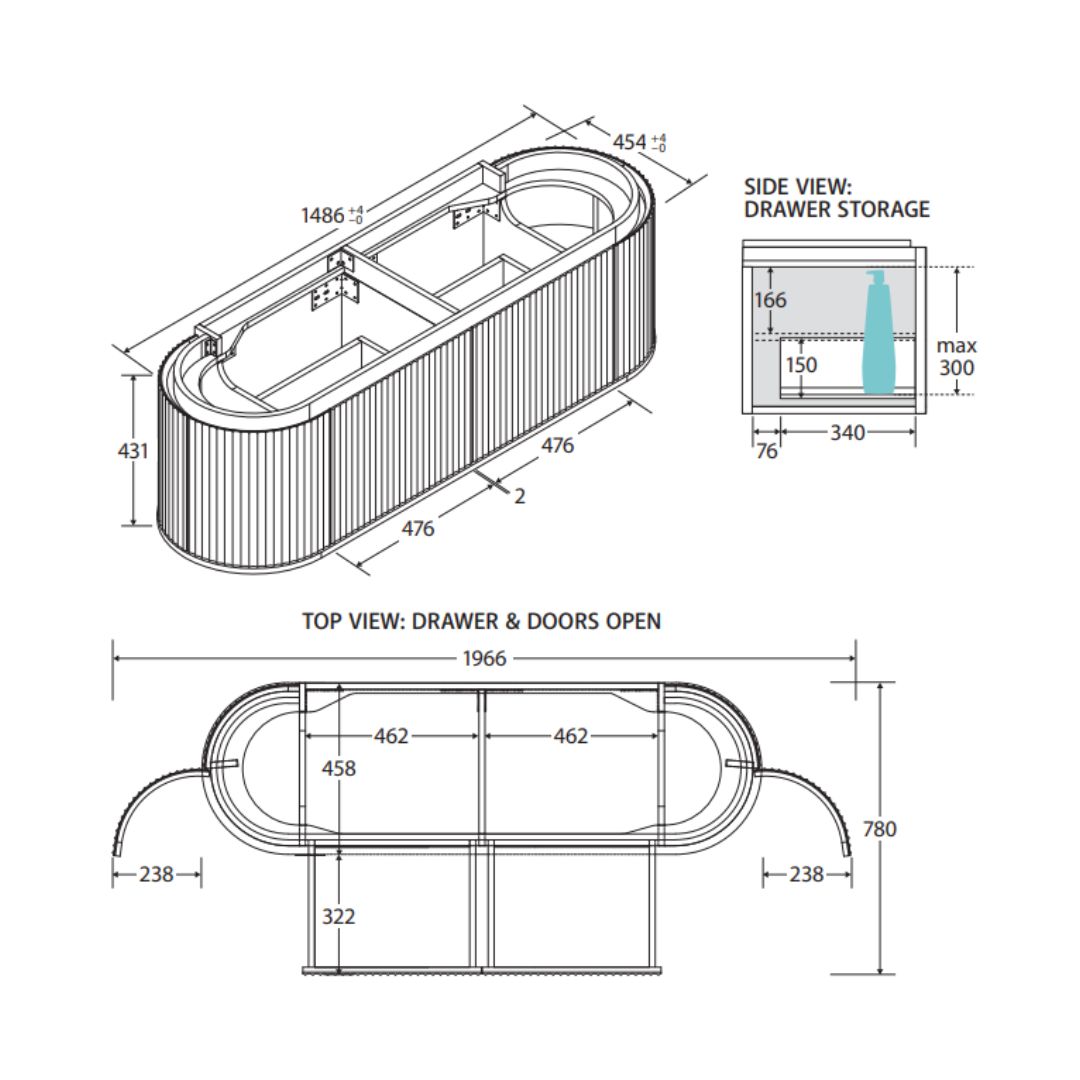 Empire Pill Walnut 900/1200/1500mm Oval Curved Vanity with side doors - Image 7