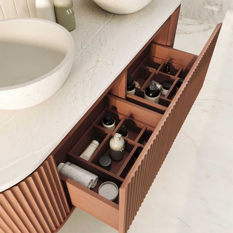 Empire Pill Walnut 900/1200/1500mm Oval Curved Vanity with side doors - Image 3