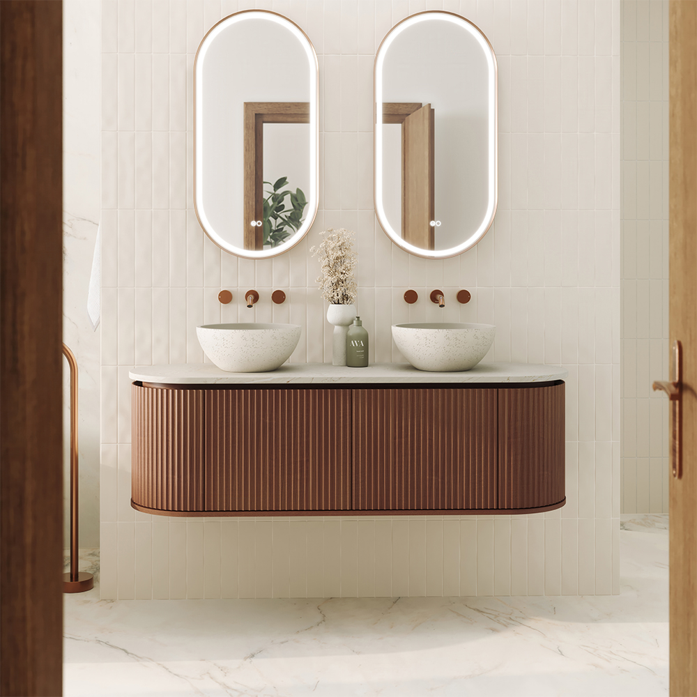 fienza empire pill walnut fluted vanity with double bowl basins in topware bathroom lifestyle design