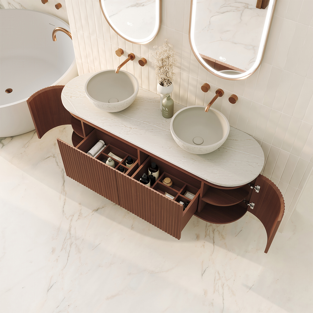 Empire Pill Walnut 900/1200/1500mm Oval Curved Vanity with side doors - Image 2