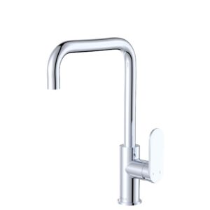 chrome fienza empire slim square curved sink mixer with paddle handle and swivel spout at Topware