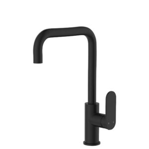 black fienza empire slim square curved sink mixer with paddle handle and swivel spout at Topware