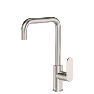 brushed nickel fienza empire slim square curved sink mixer with paddle handle and swivel spout at Topware