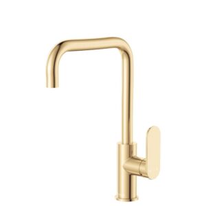 gold urban brass fienza empire slim square curved sink mixer with paddle handle and swivel spout at Topware