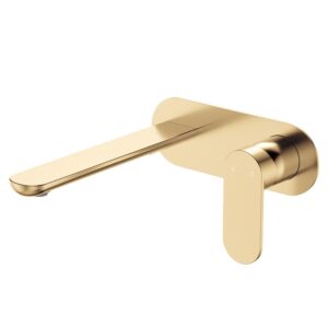 gold urban Fienza empire slim paddle mixer spout combo on oval plate at topware