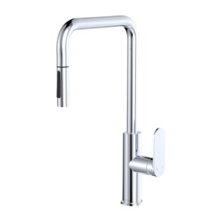 chrome fienza empire slim square pull-out sink mixer with paddle handle and swivel high spout at Topware