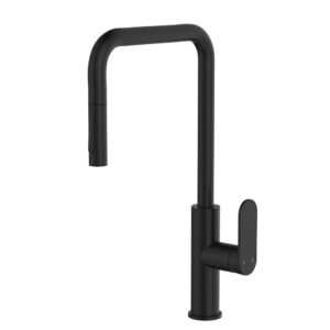 black fienza empire slim square pull-out sink mixer with paddle handle and swivel high spout at Topware
