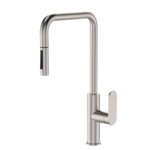 nickel fienza empire slim square pull-out sink mixer with paddle handle and swivel high spout at Topware