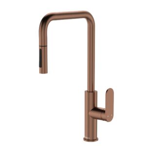 copper fienza empire slim square pull-out sink mixer with paddle handle and swivel high spout at Topware