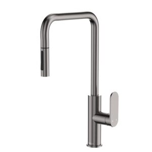 gun metal fienza empire slim square pull-out sink mixer with paddle handle and swivel high spout at Topware
