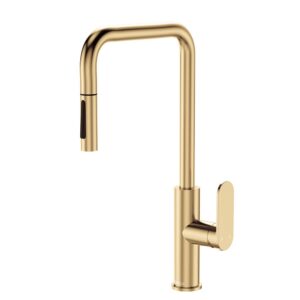 urban gold brass fienza empire slim square pull-out sink mixer with paddle handle and swivel high spout at Topware