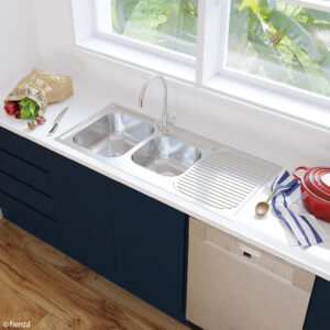 fienza 1.75 bowl sink with drainer lifestyle in topware kitchen - left bowls