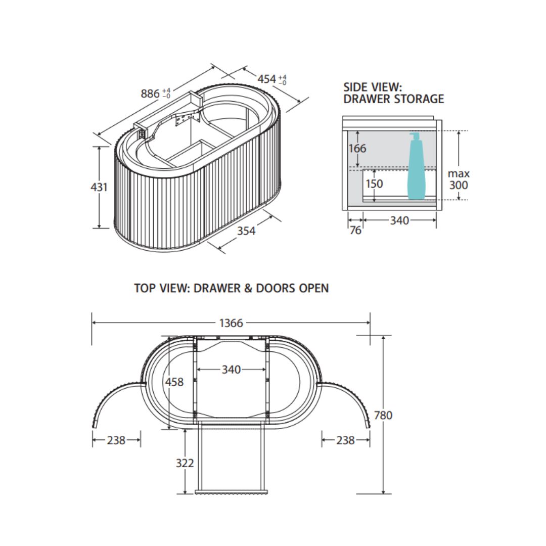 Empire Pill Walnut 900/1200/1500mm Oval Curved Vanity with side doors - Image 5