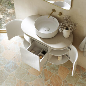 white fluted curved fienza oval vanity with side doors at lifestyle topware bathroom