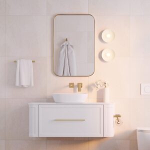 lifestyle fienza gold framed soft square mirror with white vanity at Topware