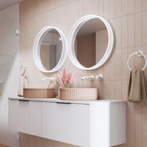 lifestyle fienza acrylic 600mm framed led mirror over double vanity at Topware