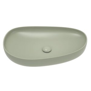 Fienza Pebble Large 650* 400mm Asymmetrical Above Counter Basin in olive green color