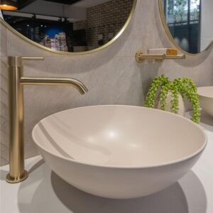lifestyle image of wide beige khaki ceramic basin from fienza