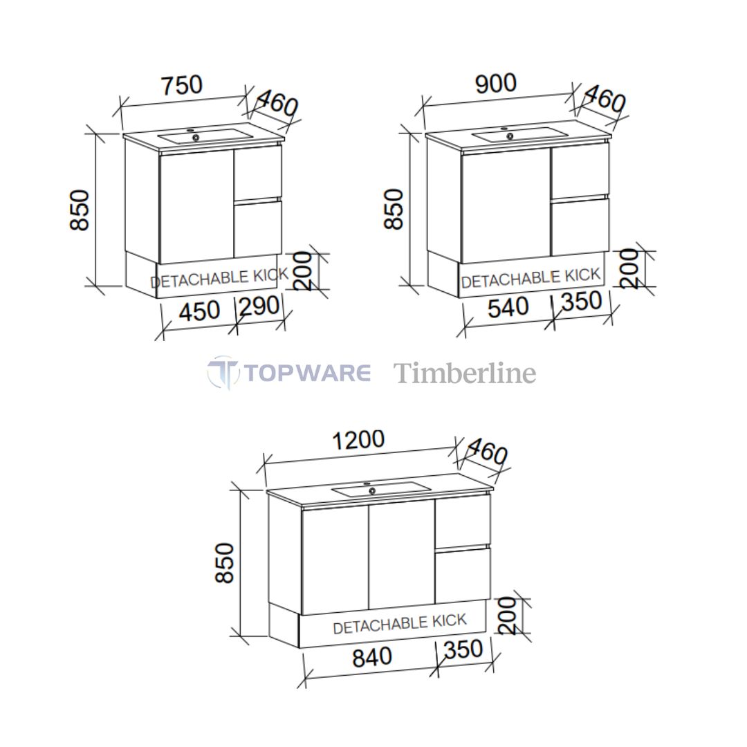 Timberline Elemental 750/900/1200 Door & Drawer Freestanding/ Wall hung Vanity - color options - Image 3