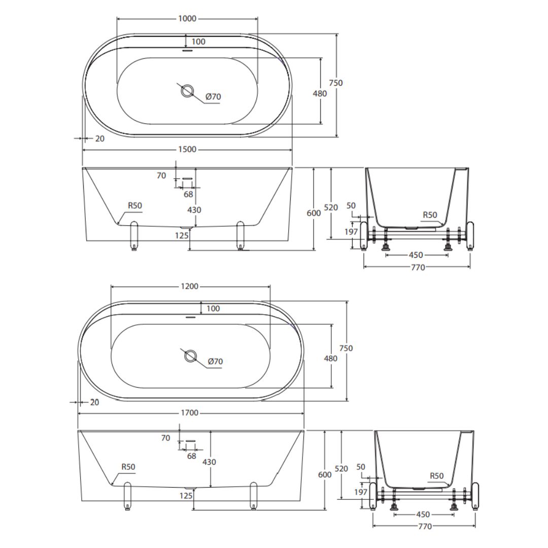 Aluca 1500/1700mm overflow Matte White Freestanding Bath with metal Legs - Image 4