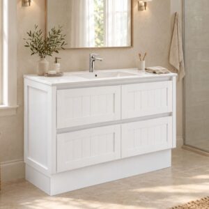 hampton modern vintage freestanding kickboard vanity at topware lifestyle bathroom with beige tiles background