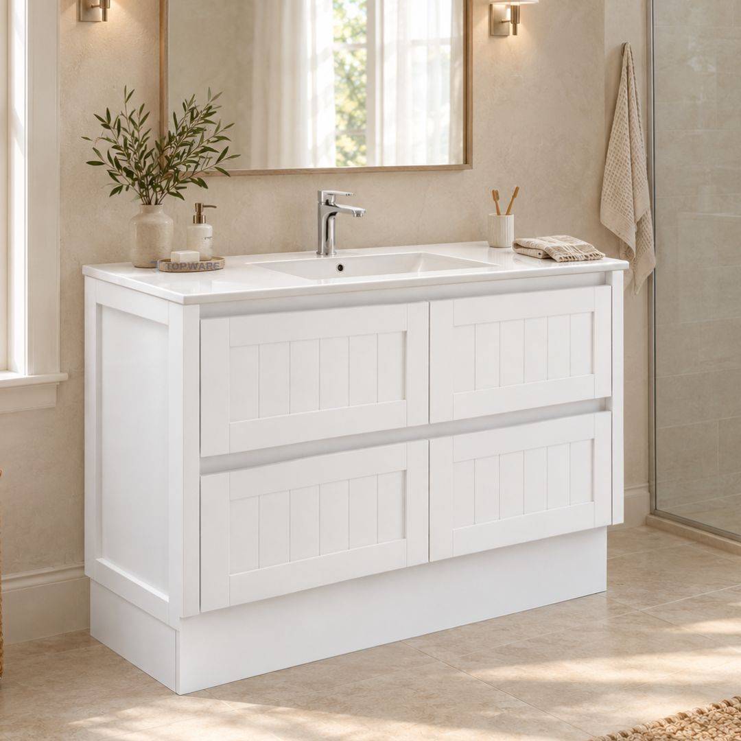 hampton modern vintage freestanding kickboard vanity at topware lifestyle bathroom with beige tiles background