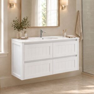 hampton modern vintage wall hung fienza vanity at topware lifestyle bathroom with beige tiles background