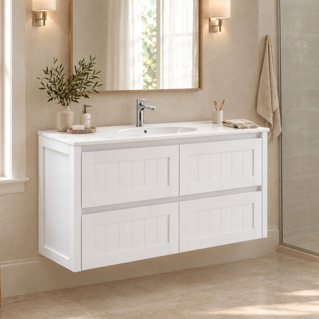 hampton modern vintage wall hung fienza vanity at topware lifestyle bathroom with beige tiles background
