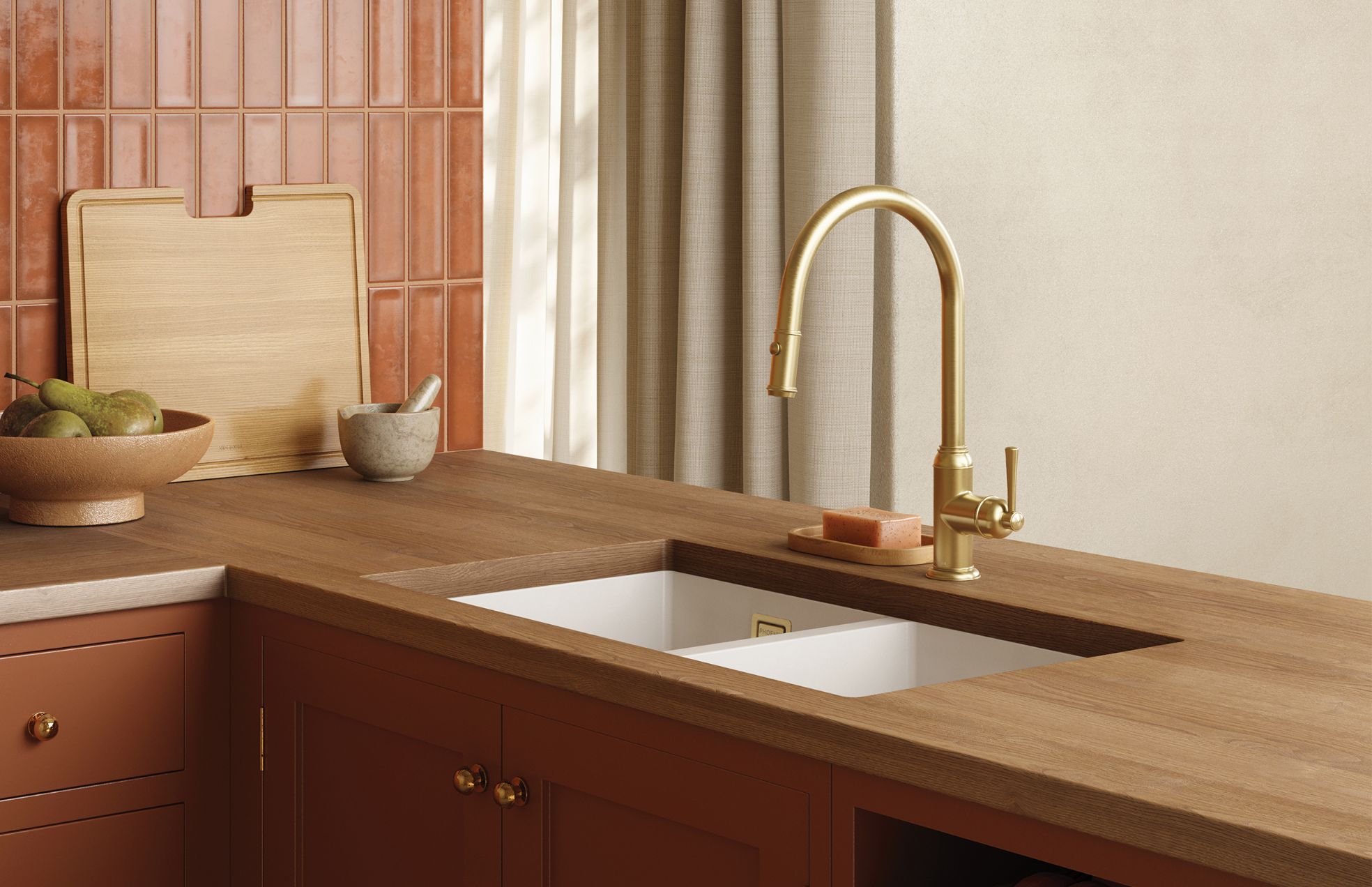 Phoenix Cromford Traditional Pull Out Sink Mixer 230mm - Brushed Gold - Image 2