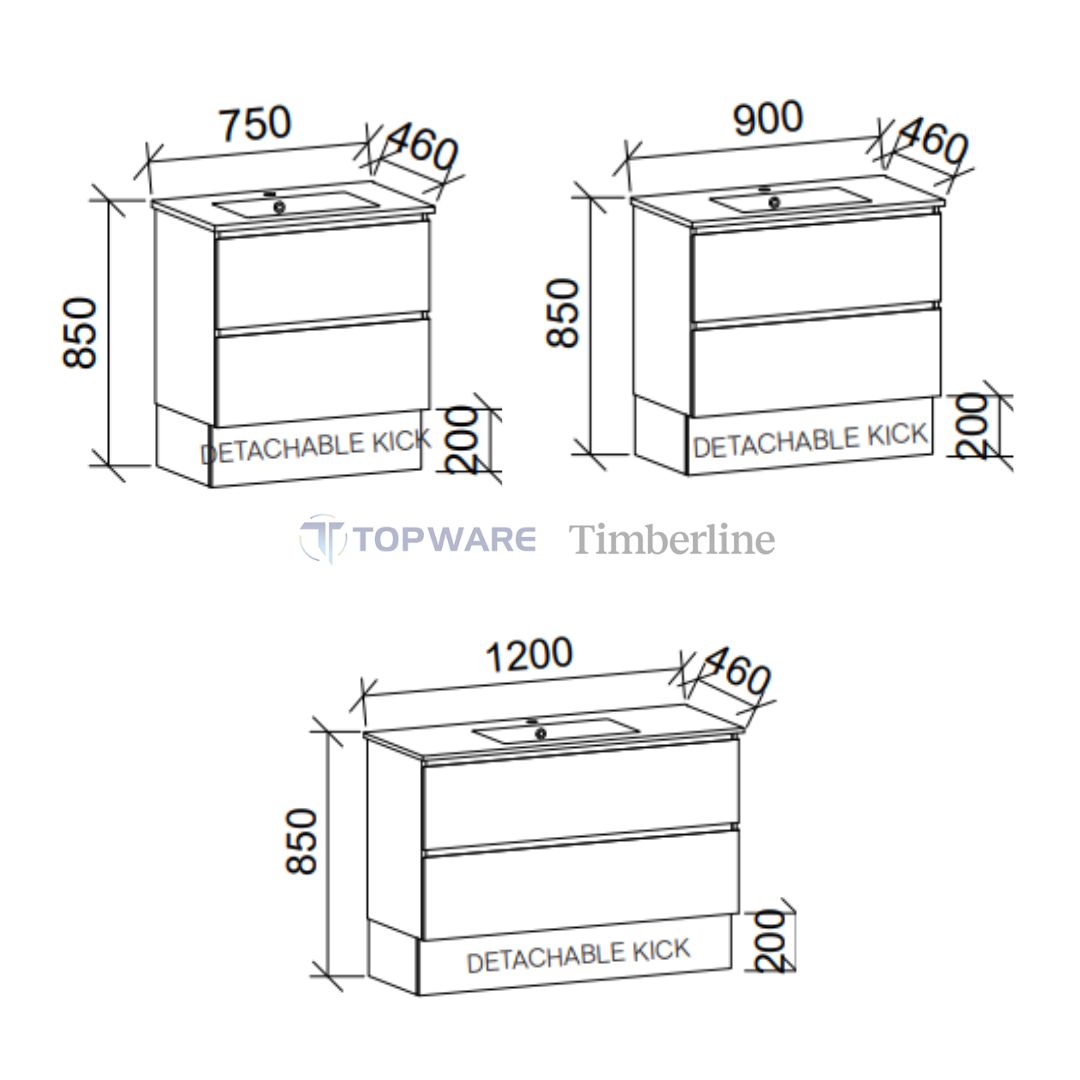 Timberline Elemental 750/900/1200 All-Drawer Freestanding/ Wall hung Vanity - color options - Image 3